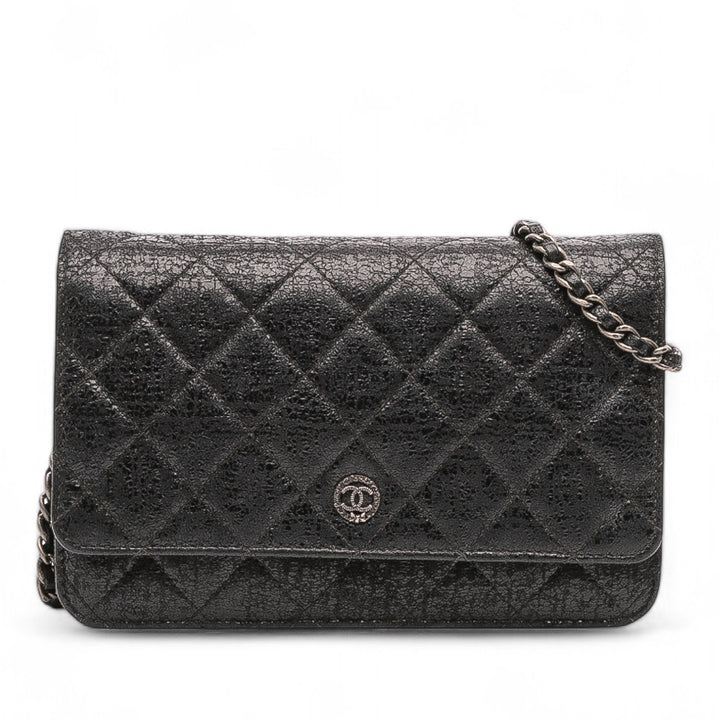 CC Quilted Crinkled Calfskin Wallet On Chain Black - Gaby Paris