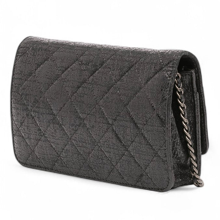 CC Quilted Crinkled Calfskin Wallet On Chain Black - Gaby Paris
