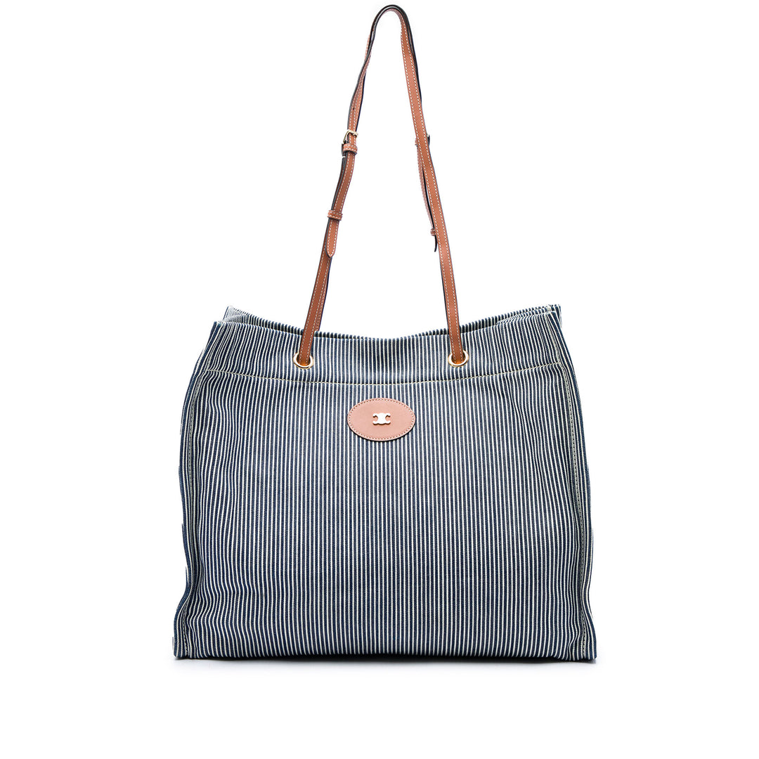 Celine Cabas Rayé Textile et Carréd Cuir de veau Bleu – vue principale – GABY PARIS