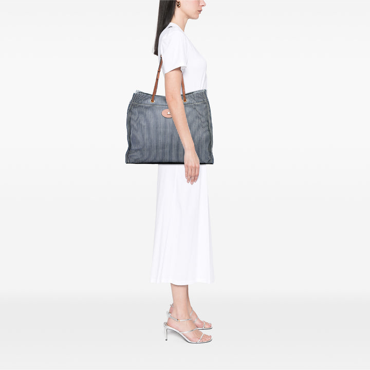 Celine Cabas Rayé Textile et Carréd Cuir de veau Bleu – vue 5 – GABY PARIS