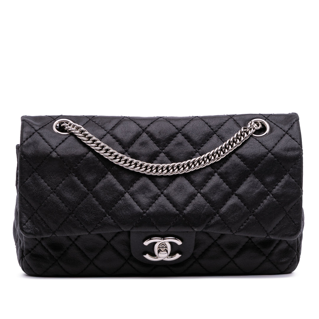 Medium Classic Washed Lambskin Bijoux Chain Double Flap Black - Gaby Paris