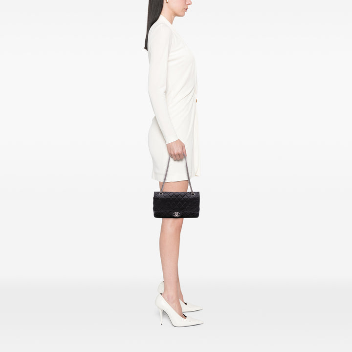 Medium Classic Washed Lambskin Bijoux Chain Double Flap Black - Gaby Paris
