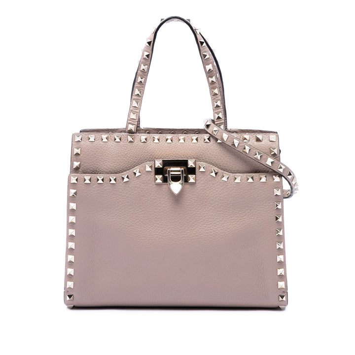 grainé Rockstud Flip Lock Cabas Cuir de veau grainé Marron
