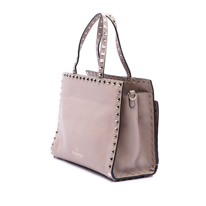 grainé Rockstud Flip Lock Cabas Cuir de veau grainé Marron
