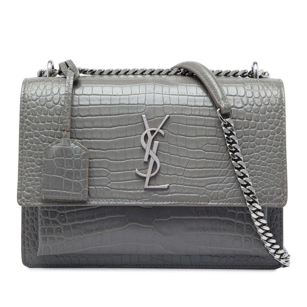 Saint Laurent Croc embossé Sunset Sac Moyen Gris