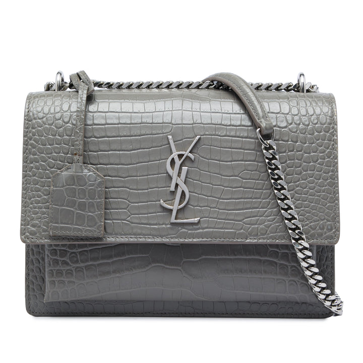Saint Laurent Croc embossé Sunset Sac Moyen Gris