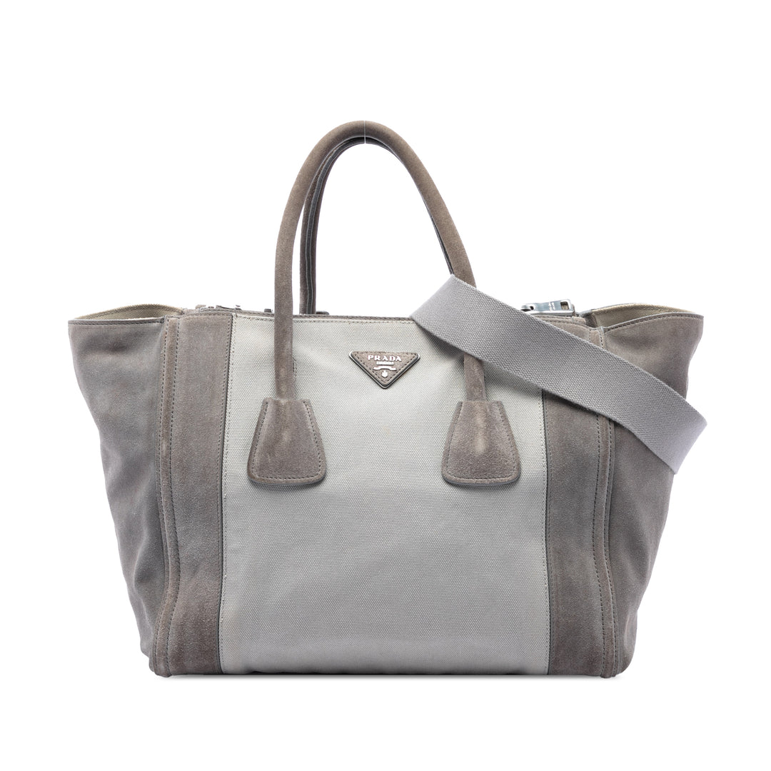 Prada Sac à main Scamosciato et Canapa Twin Poche Double Poignée Gris – vue principale – GABY PARIS