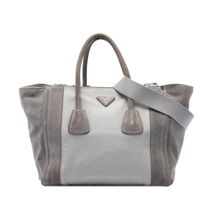 Prada Sac à main Scamosciato et Canapa Twin Poche Double Poignée Gris – vue principale – GABY PARIS