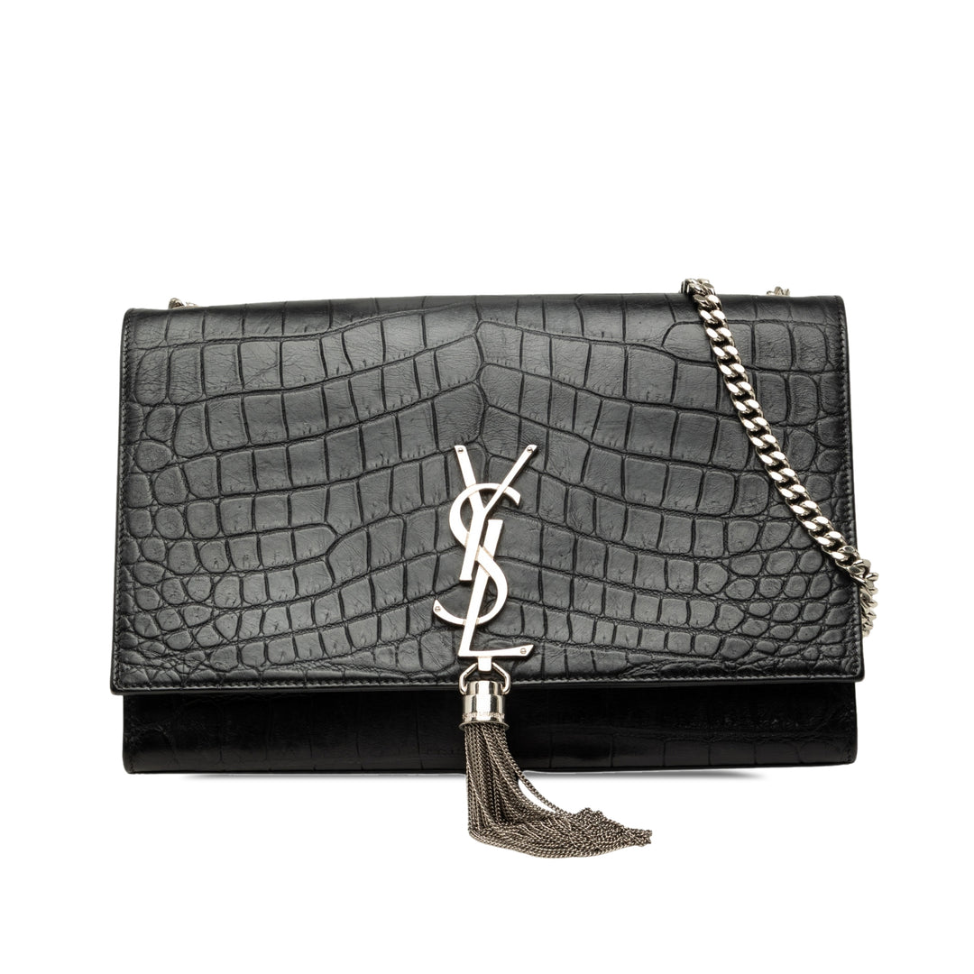 Croc embossé Kate Pompon Sac Moyen Noir