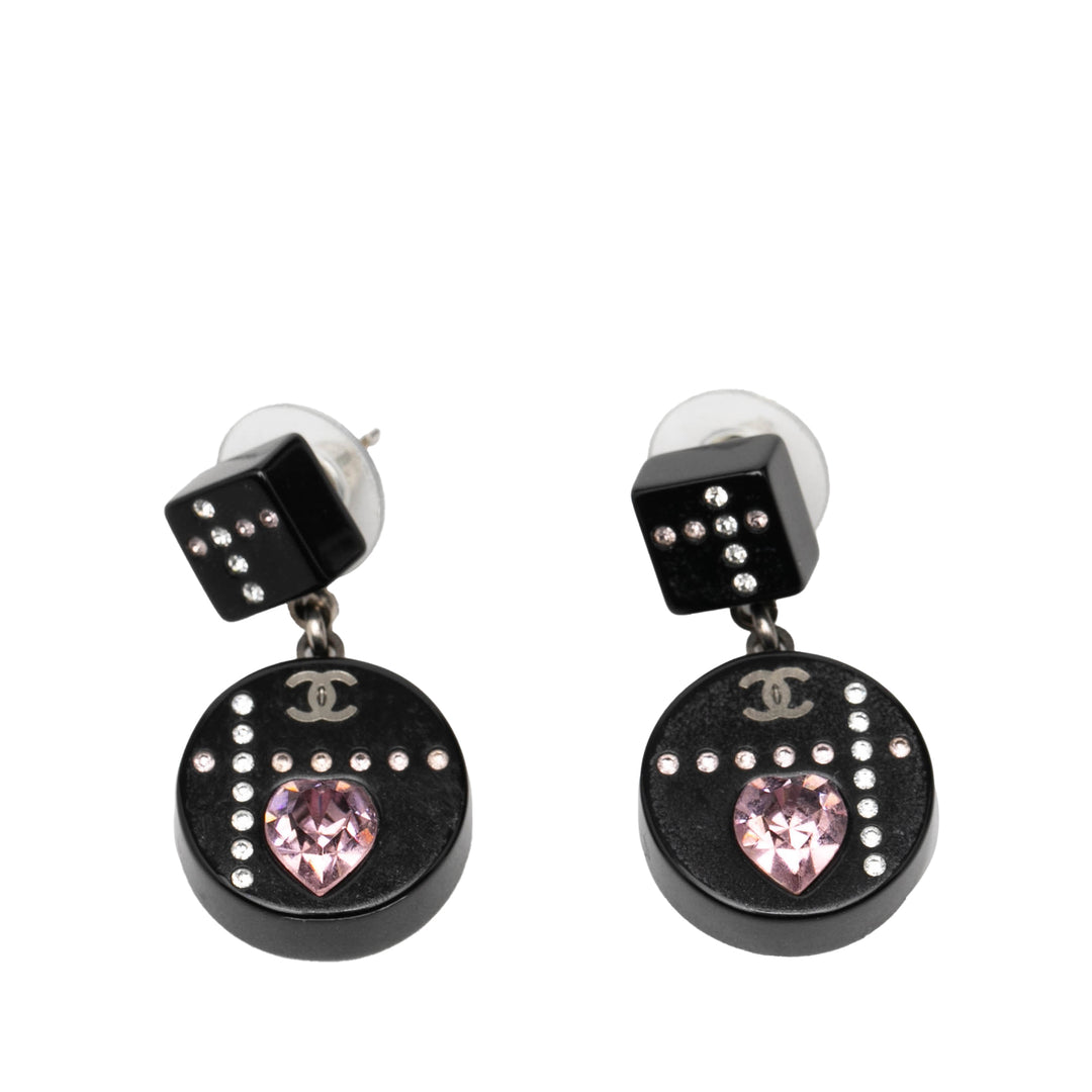 Chanel Resin CC Dice et Heart Cristal pendantes fermoir poussette Boucles d'oreilles Plastique