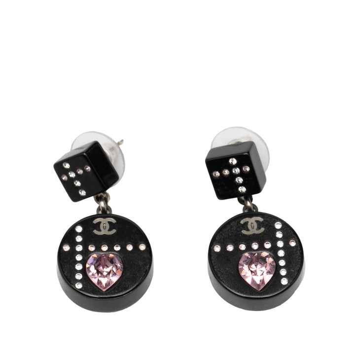 Chanel Resin CC Dice et Heart Cristal pendantes fermoir poussette Boucles d'oreilles Plastique
