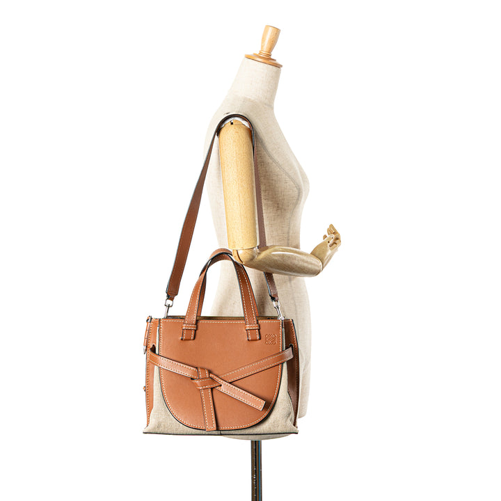 Medium Canvas and Calfskin Gate Top Handle Bag Brown - Gaby Paris