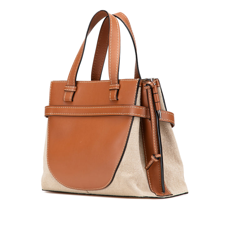 Medium Canvas and Calfskin Gate Top Handle Bag Brown - Gaby Paris