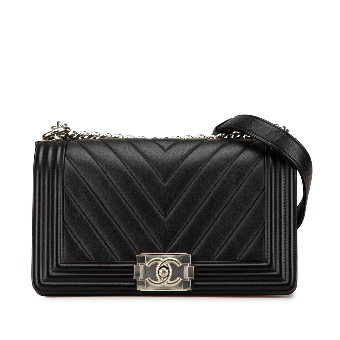 Old Medium Chevron Calfskin Boy Flap Black - Gaby Paris