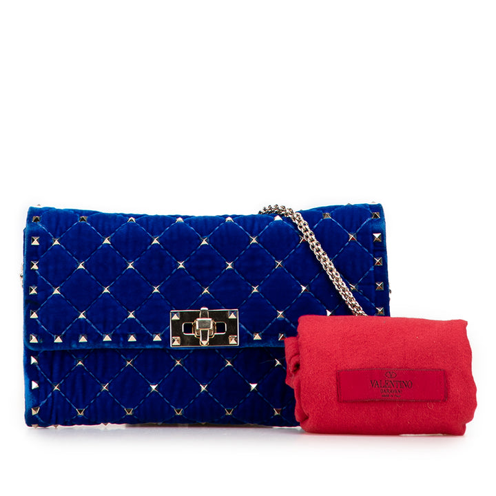 Valentino Quilted Velours Rockstud Spike Wallet on Chain Bleu