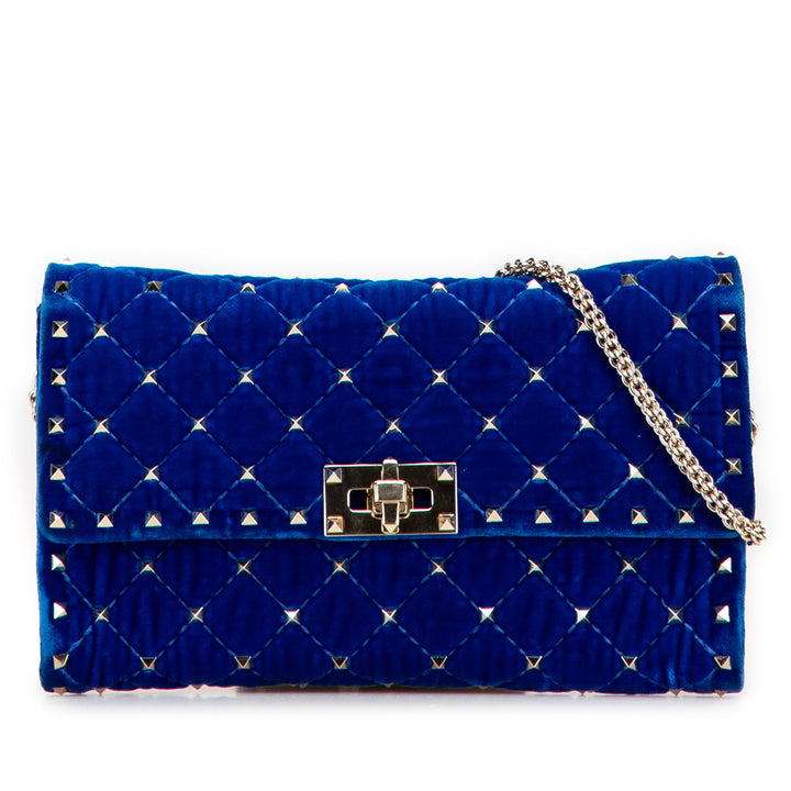 Valentino Quilted Velours Rockstud Spike Wallet on Chain Bleu