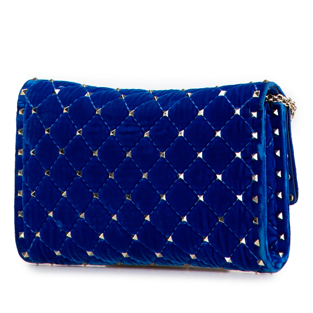 Valentino Quilted Velours Rockstud Spike Wallet on Chain Bleu