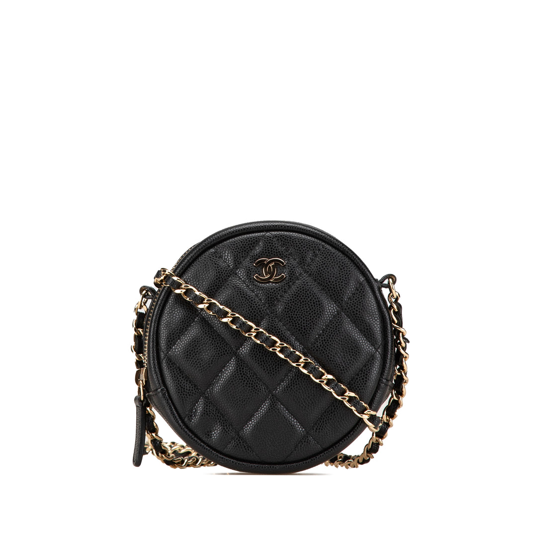 CC Quilted Caviar Round Clutch With Chain Black - Gaby Paris