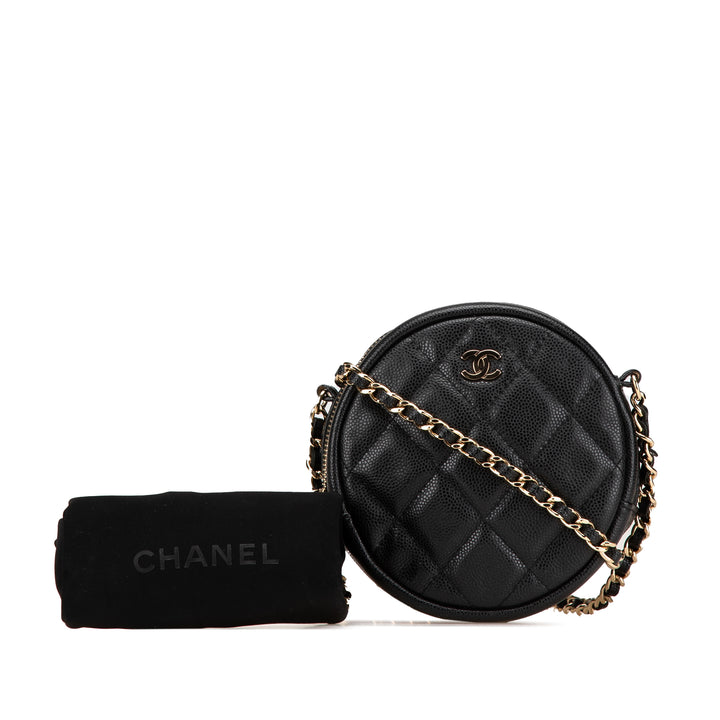 CC Quilted Caviar Round Clutch With Chain Black - Gaby Paris