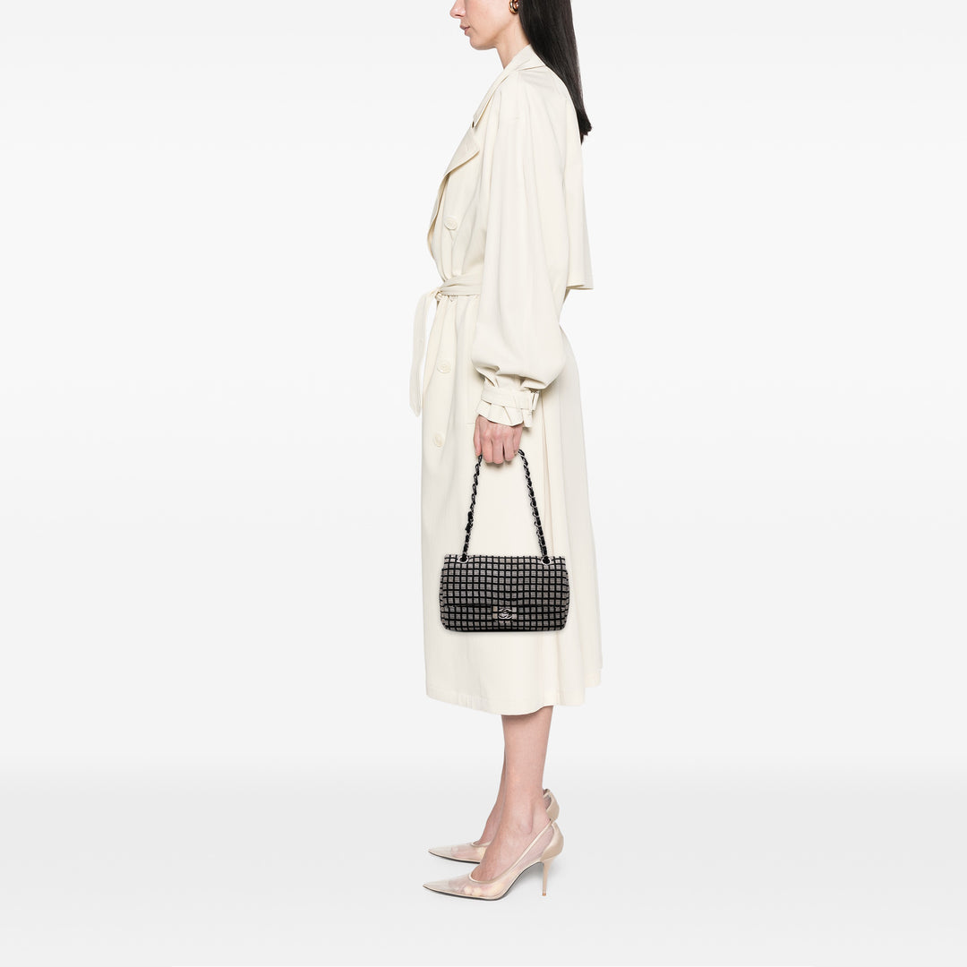 Medium Classic Ribbon Tweed Double Flap White - Gaby Paris