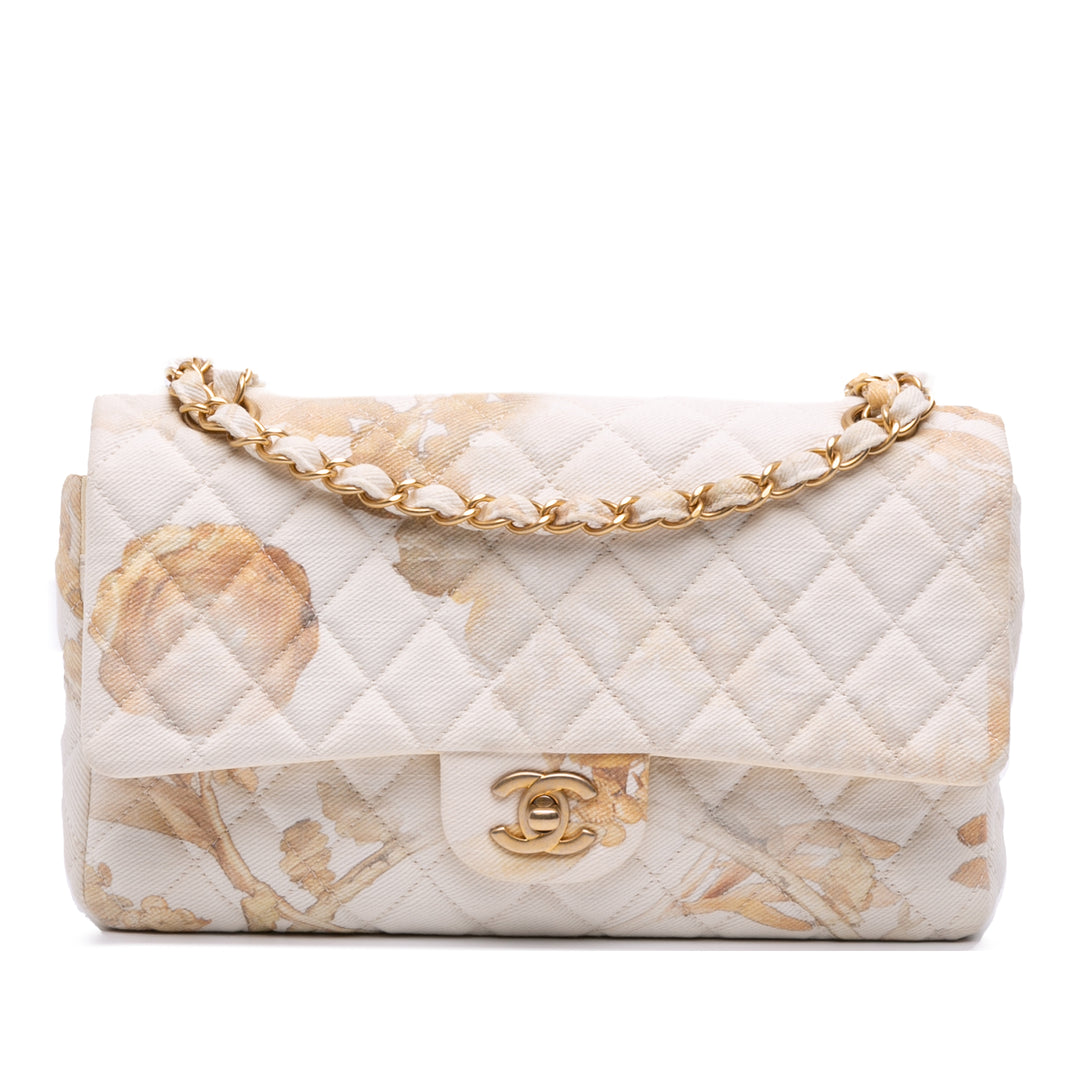 Medium Classic Printed Denim Floral Double Flap Brown - Gaby Paris
