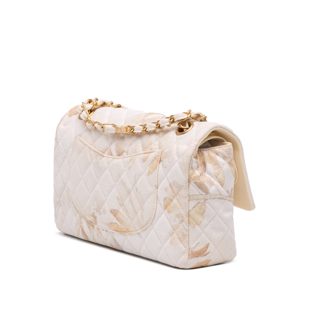 Medium Classic Printed Denim Floral Double Flap Brown - Gaby Paris
