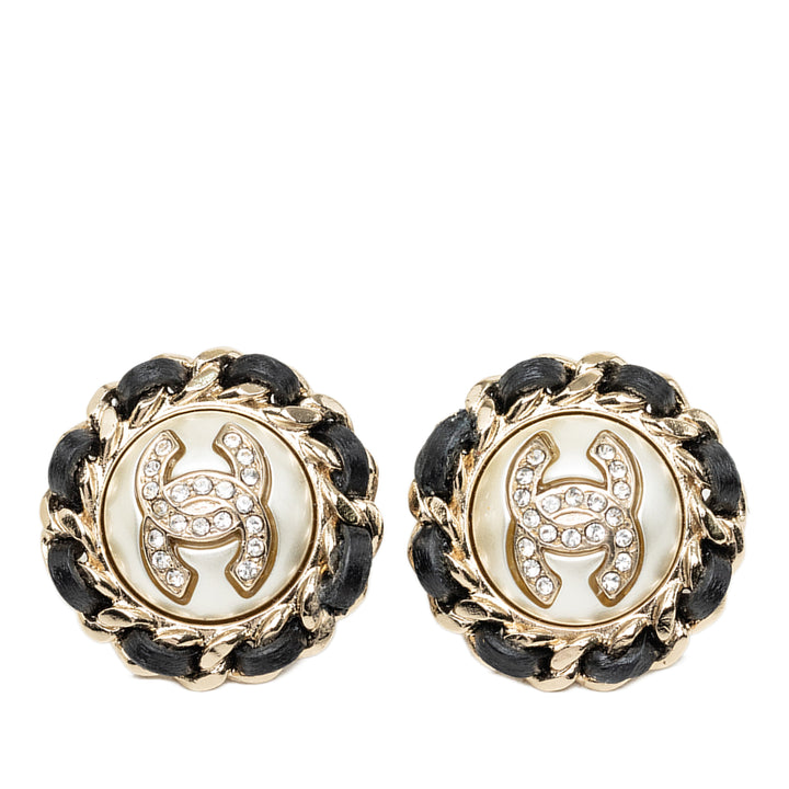 CC plaqué Tissé Strass et Perles fantaisie Rond À clip Boucles d'oreilles Doré