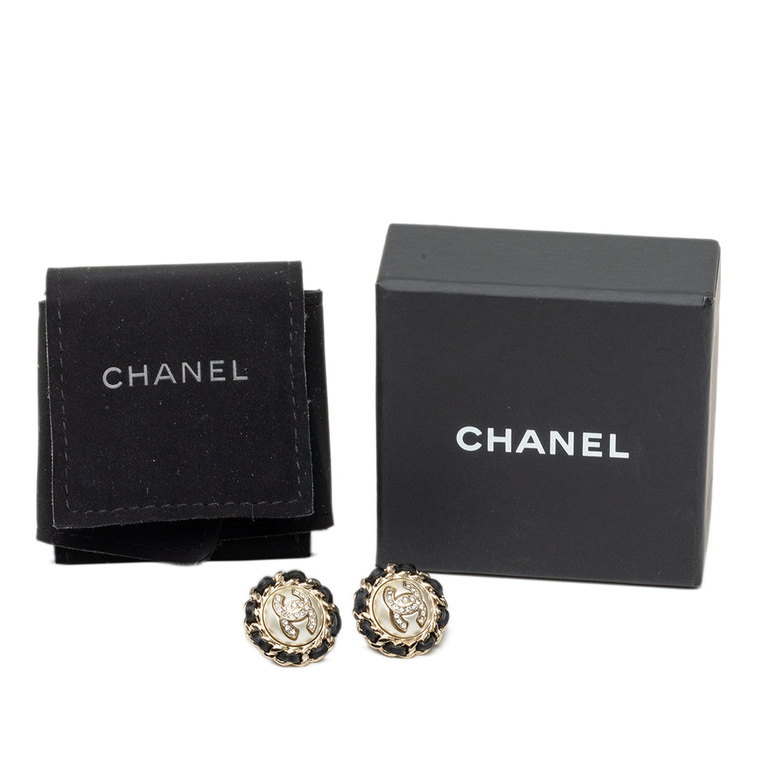 CC plaqué Tissé Strass et Perles fantaisie Rond À clip Boucles d'oreilles Doré