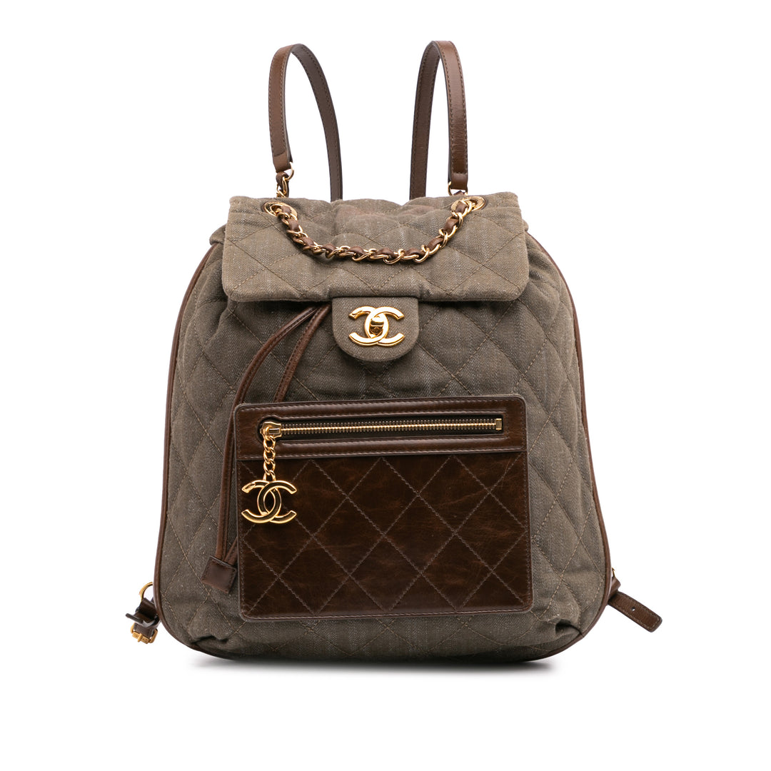 CC Quilted Denim and Calfskin Backpack Green - Gaby Paris