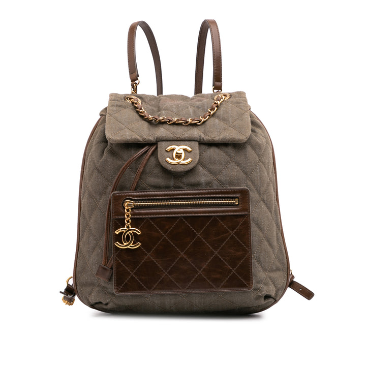 CC Quilted Denim and Calfskin Backpack Green - Gaby Paris