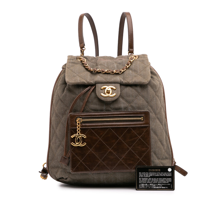 CC Quilted Denim and Calfskin Backpack Green - Gaby Paris