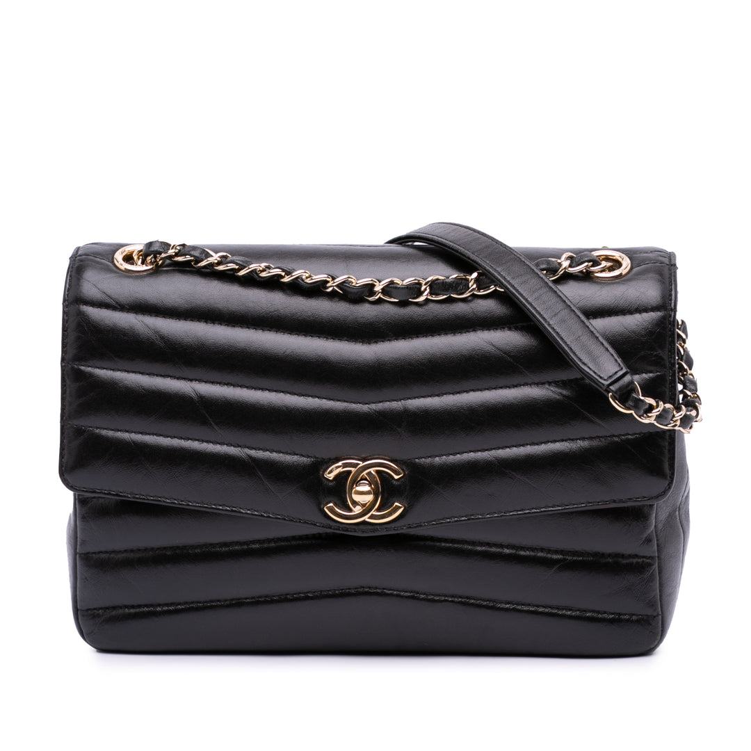 Chevron Shiny Lambskin Miroir Flap Black - Gaby Paris