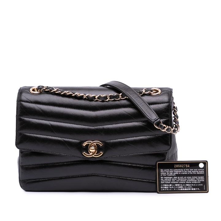 Chevron Shiny Lambskin Miroir Flap Black - Gaby Paris