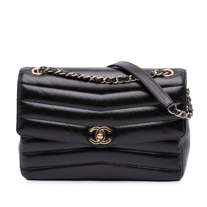 Chevron Shiny Lambskin Miroir Flap Black - Gaby Paris