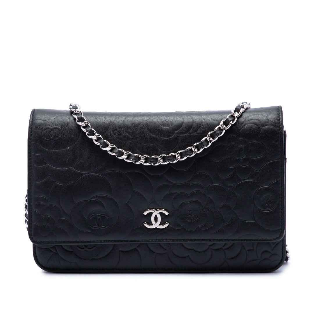 Chanel CC embossé Camellia Wallet on Chain Cuir d'agneau Noir