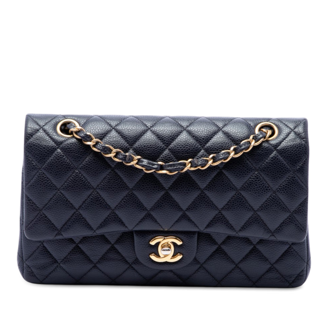 Classic Double rabat Moyen Cuir caviar Bleu