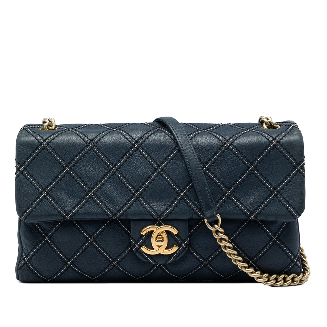 Chanel Matelassé Triple Surpiqué à rabat Jumbo Cuir de veau Bleu