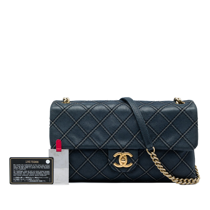Chanel Matelassé Triple Surpiqué à rabat Jumbo Cuir de veau Bleu