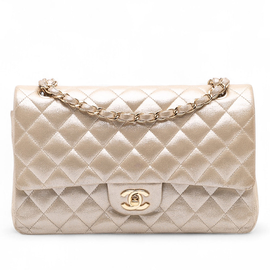 Medium Classic Iridescent Lambskin Double Flap Gold - Gaby Paris