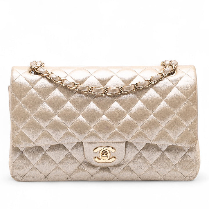 Medium Classic Iridescent Lambskin Double Flap Gold - Gaby Paris