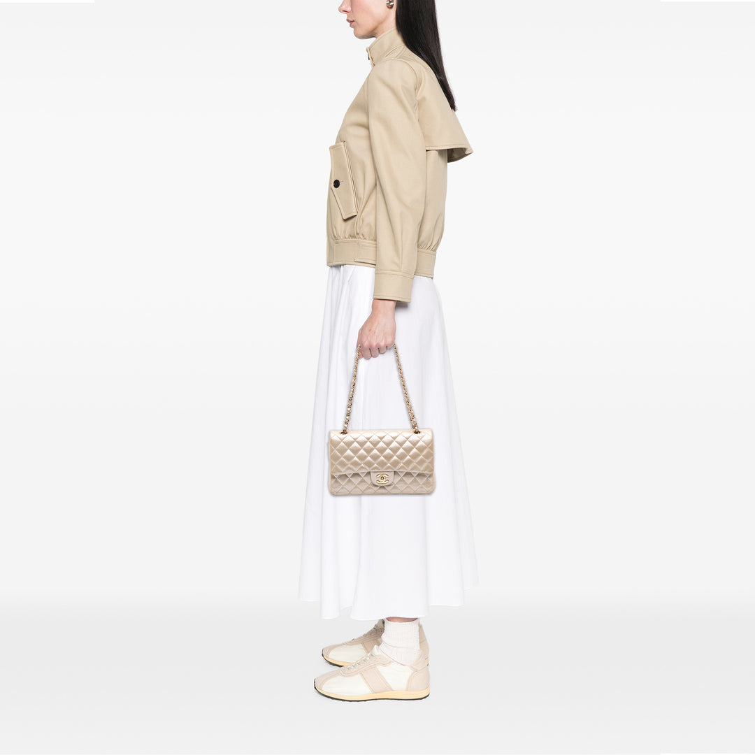Medium Classic Iridescent Lambskin Double Flap Gold - Gaby Paris
