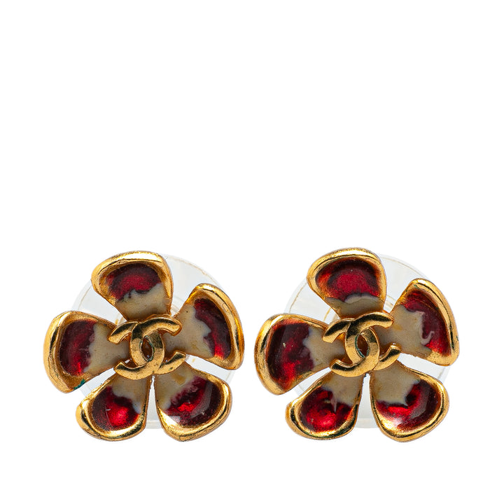 Gold Plated Enamel CC Flower Push Back Earrings Red - Gaby Paris