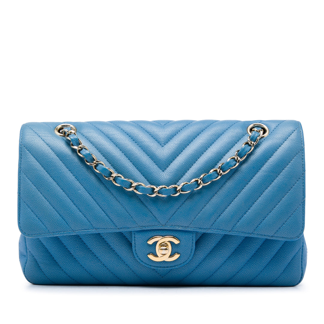 Classic Chevron Double rabat Moyen Cuir caviar Bleu