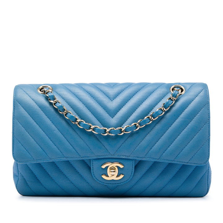 Classic Chevron Double rabat Moyen Cuir caviar Bleu