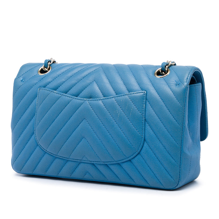 Classic Chevron Double rabat Moyen Cuir caviar Bleu