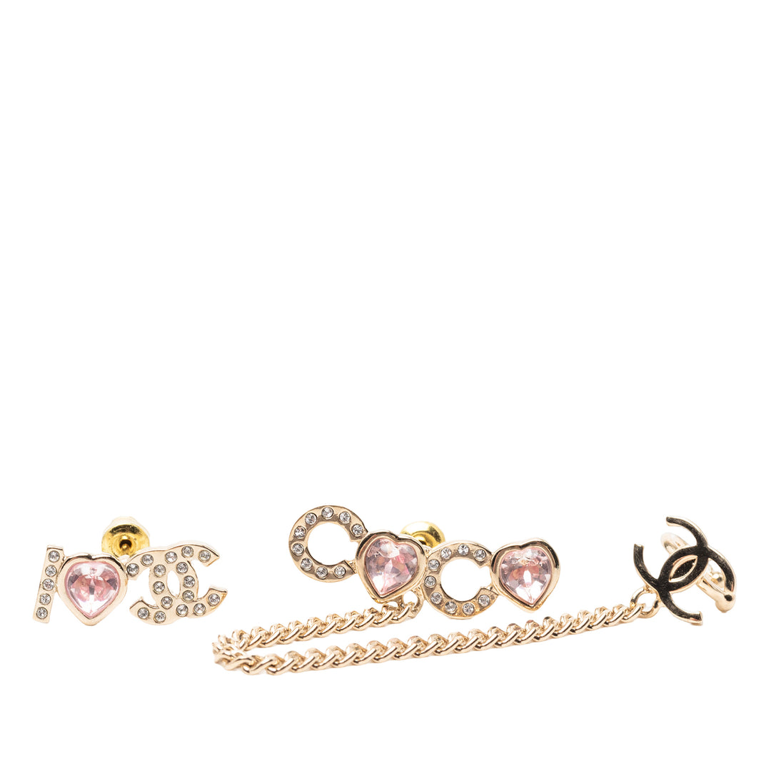 Chanel plaqué I Heart CC Coco Strass Ear Cuff Boucles d'oreilles Métal