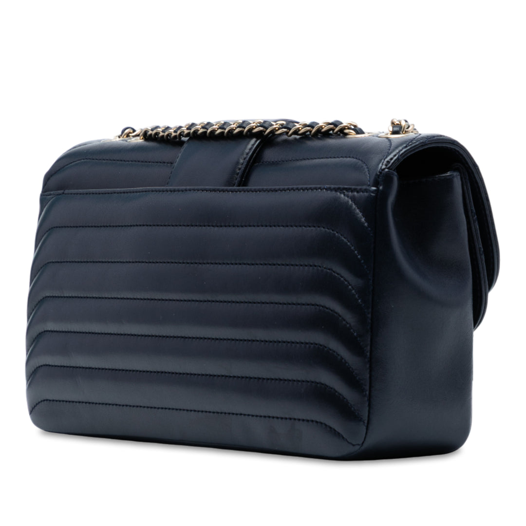 Chanel CC Horizontal Quilted Cuir d’agneau Double rabat Bleu