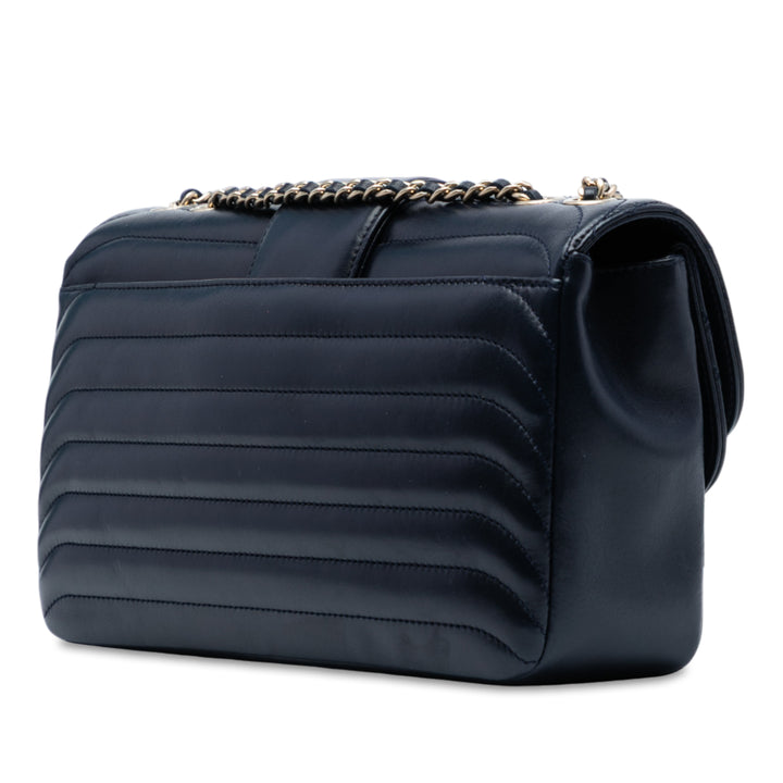 Chanel CC Horizontal Quilted Cuir d’agneau Double rabat Bleu