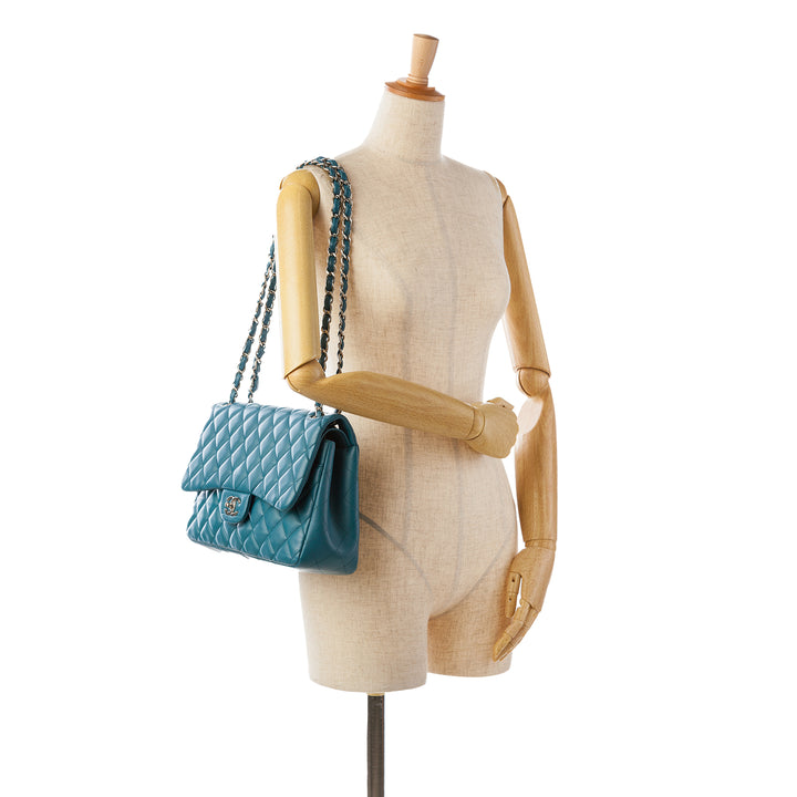 Jumbo Classic Lambskin Double Flap Blue - Gaby Paris