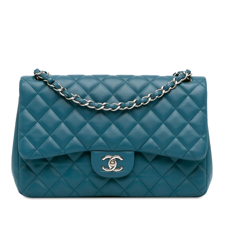 Jumbo Classic Lambskin Double Flap Blue - Gaby Paris